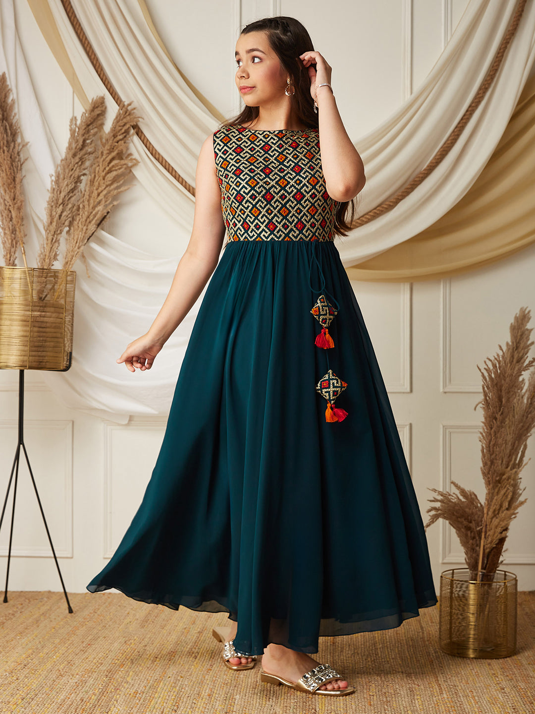 Multicolored-Base-Teal Round-Neck Sleeveless Embroidered Flared Polyester Maxi Dress