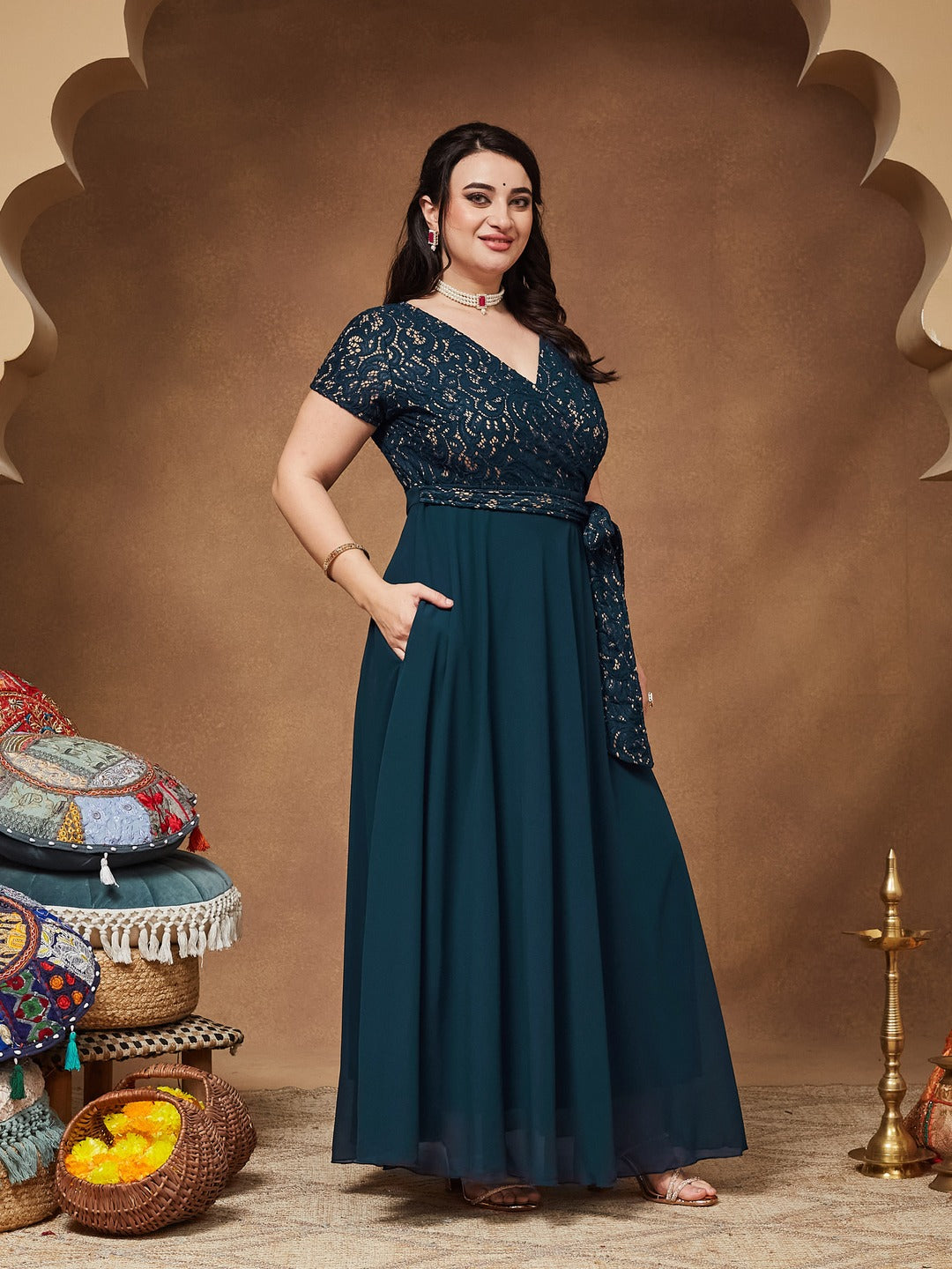 Teal V-Neck Short-Sleeve Self-Designed Lace Overlaid Georgette Maxi Dress for Women — Miss Chase A+