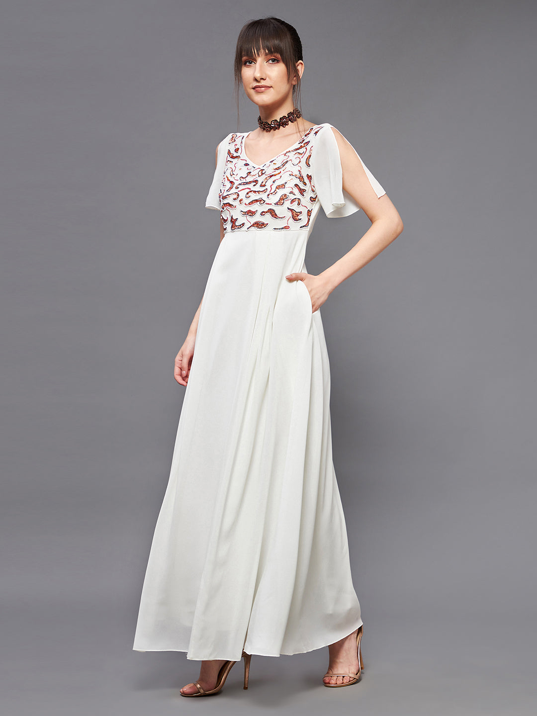 Women's Off White V-Neck Short Slit Sleeve Embroidered Embellished Georgette Maxi Dress