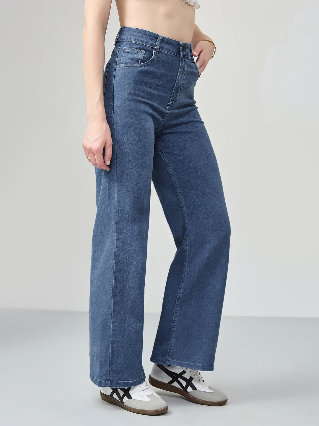Blue Wide-Leg High-Rise Stretchable Denim Jeans for Women