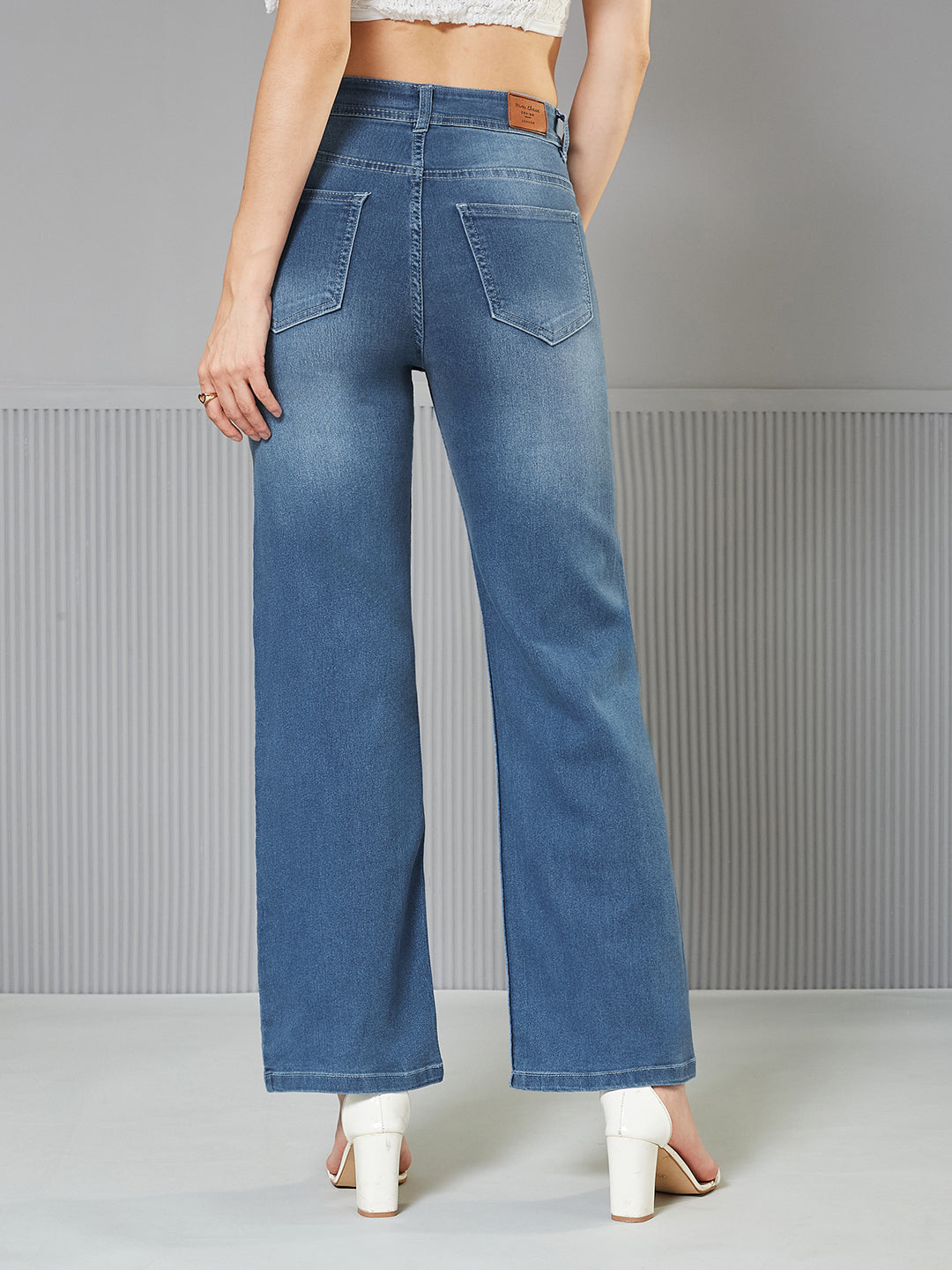 24/7 Comfort Light-Blue Wide-Leg Mid-Rise Blast Effect Light Weight Denim Jeans for Women