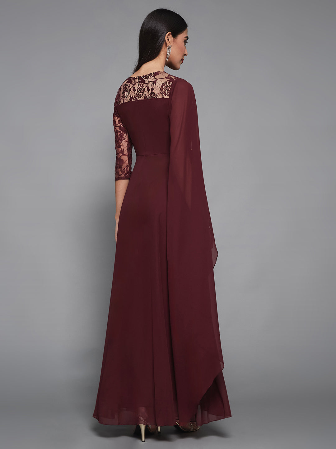 Women's Wine V-Neck 3/4 Sleeve Self-Designed Asymmetric Georgette Maxi Dress