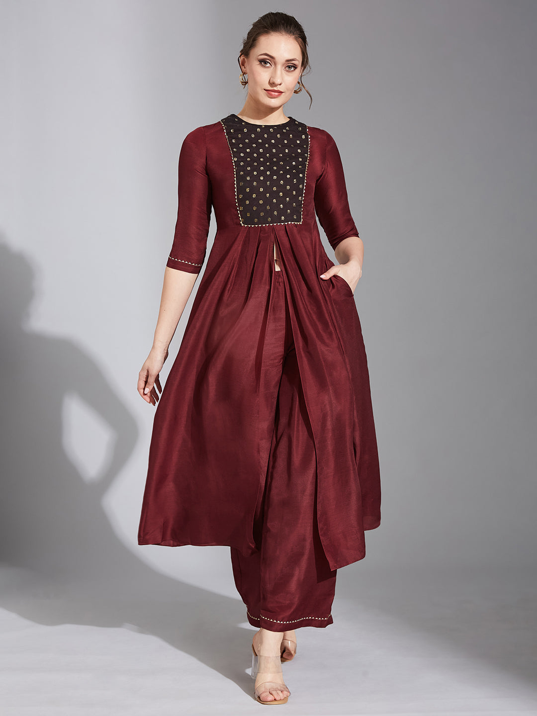 Women's Maroon Round Neck 3/4 Sleeve Self-Designed Pleated Kurta Set