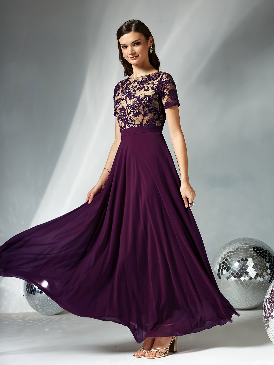Women's Dark Purple Round Neck Half Sleeve Self Design Fit & Flare Georgette Maxi Dress