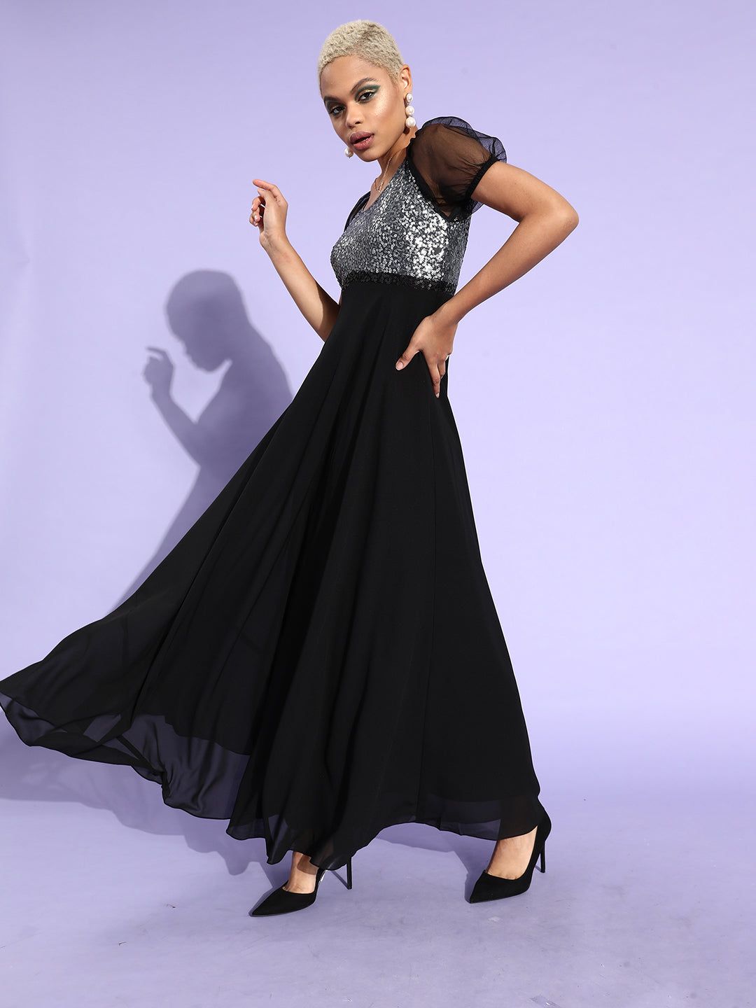 Women's Black And Silver Sequined Fit & Flare Party Maxi Dress