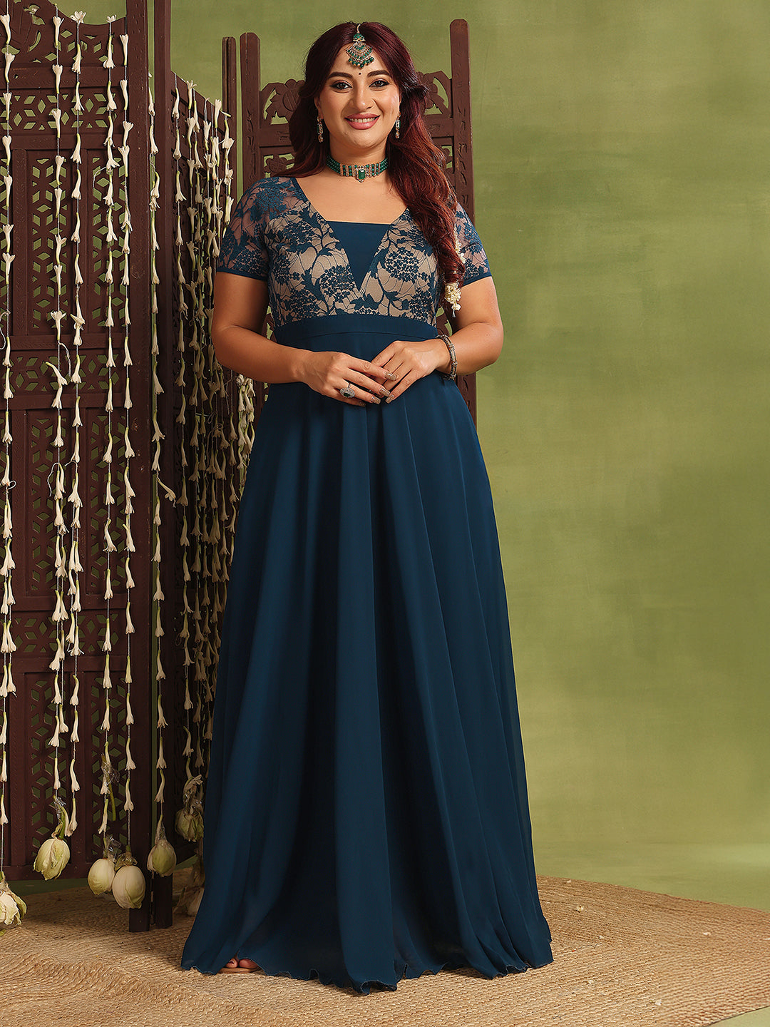 Women's Teal Square Neck Raglan Short-Sleeved Self-Design Lace-Overlaid Georgette Maxi Dress