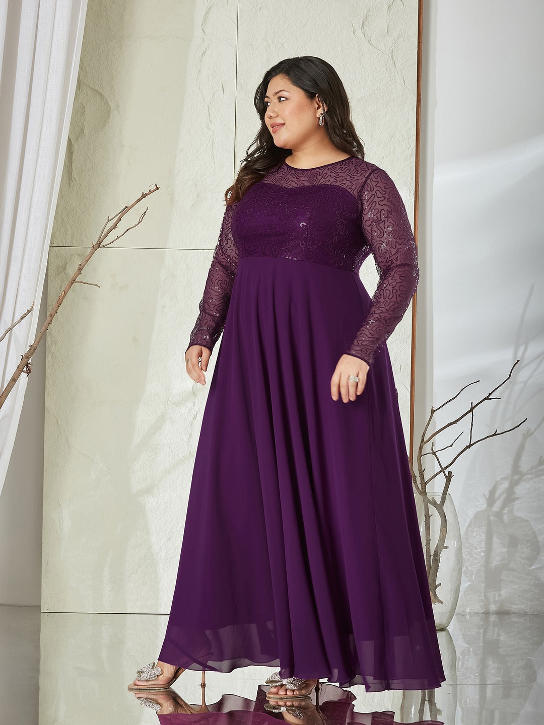 Dark Purple Solid Embellished Maxi Dress for Women