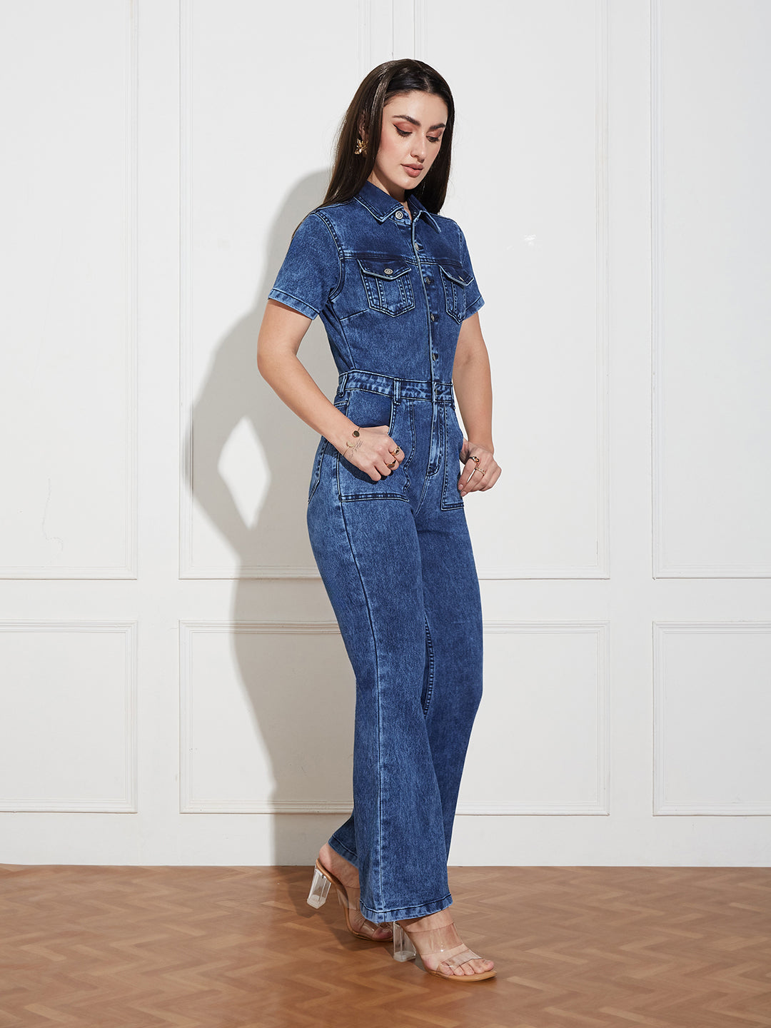 Navy Blue Flared High-Rise Regular Stretchable Denim Jumpsuit for Women