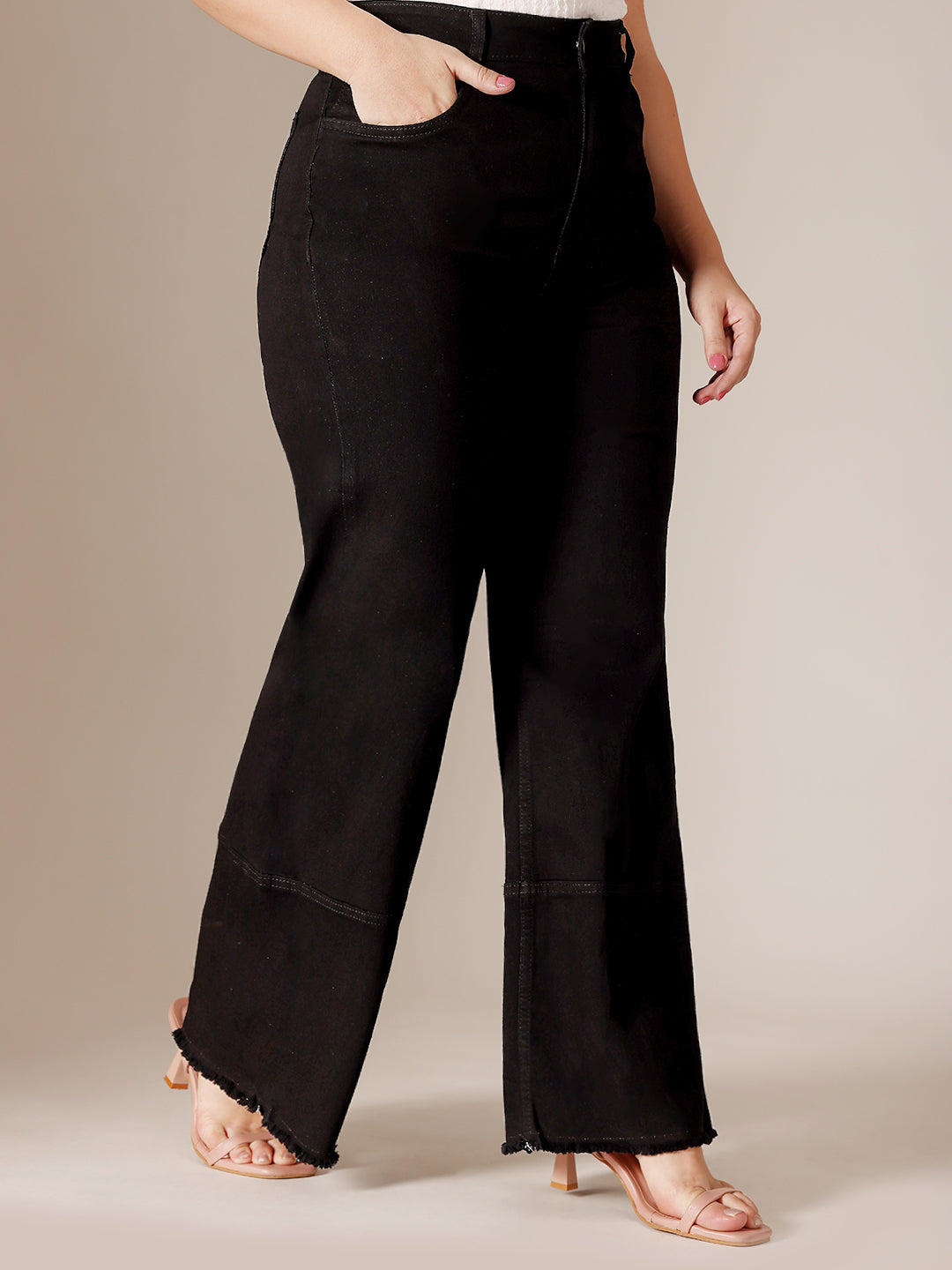 Black Wide Leg High Rise Clean Look Regular-Length Stretchable Denim Jeans for Women