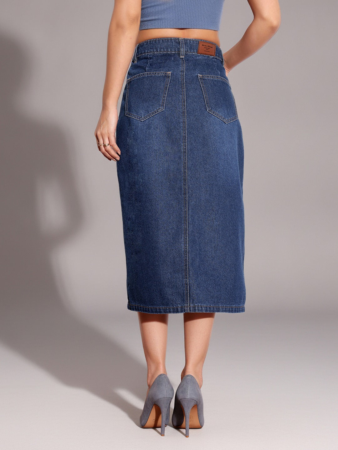 Dark Blue A-Line High-Rise Non-stretchable Denim Midi Skirt for Women