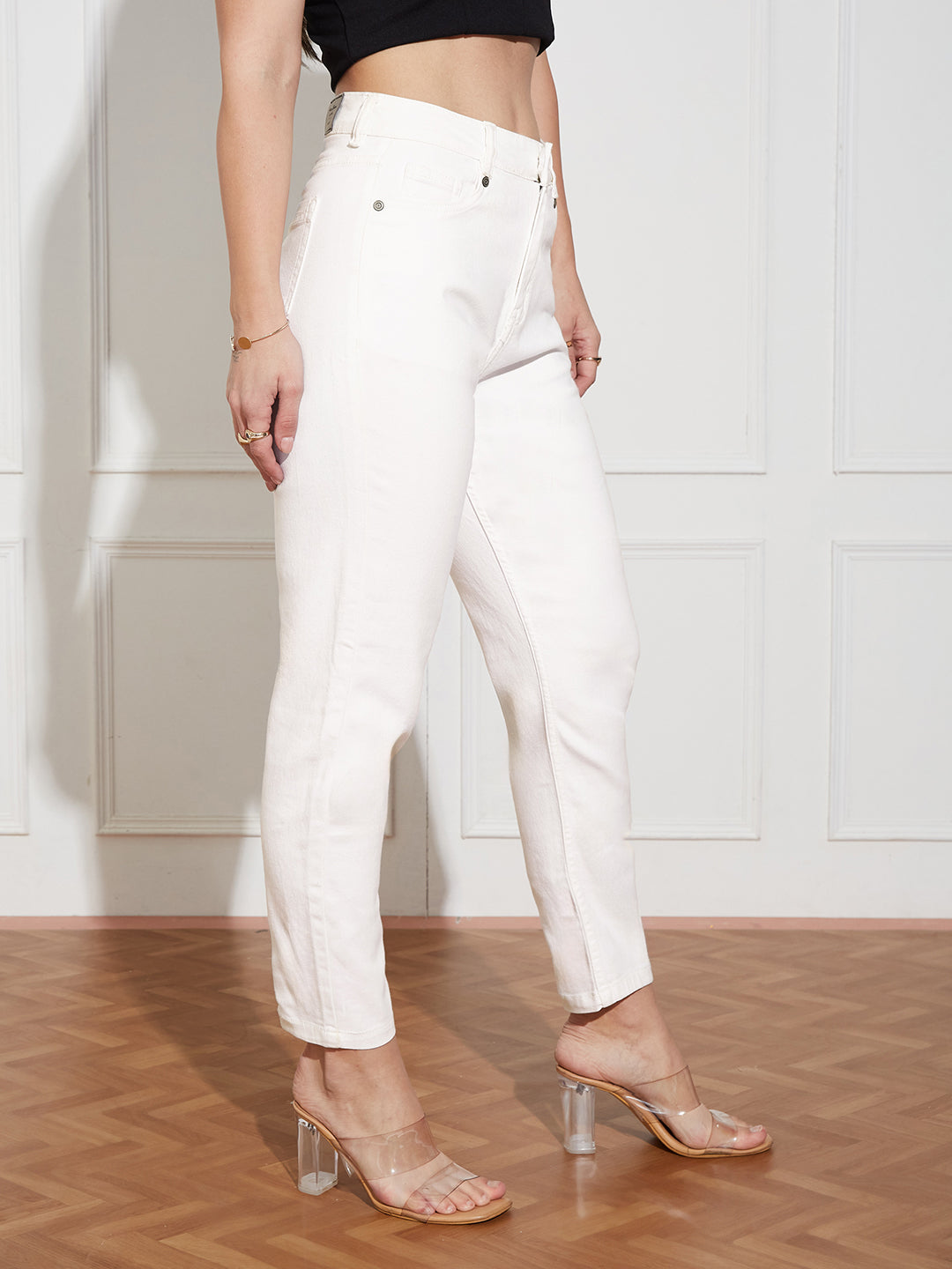 White High Rise Clean Look Regular-Length Stretchable Denim Mom Jeans for Women