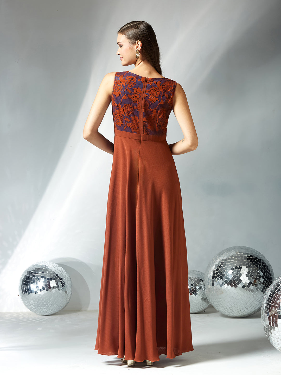 Women’s Light Burgundy Boat-Neck Sleeveless Self-Design Fit & Flare Maxi Crepe Dress for Women
