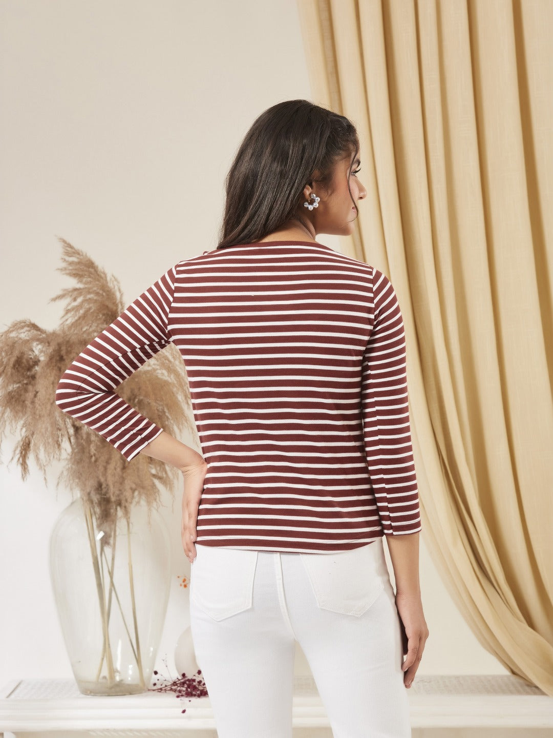 Maroon & White Boat Neck 3/4 Sleeve Cotton Striped Top for Girls/Teenagers