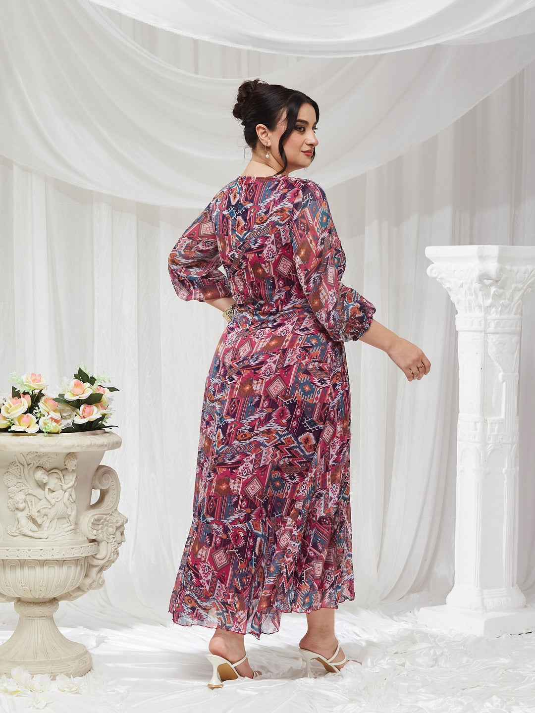 V-Neck Three-Quarter Sleeve Geometric Patterned Wrap Midi Chiffon Dress for Women — Miss Chase A+