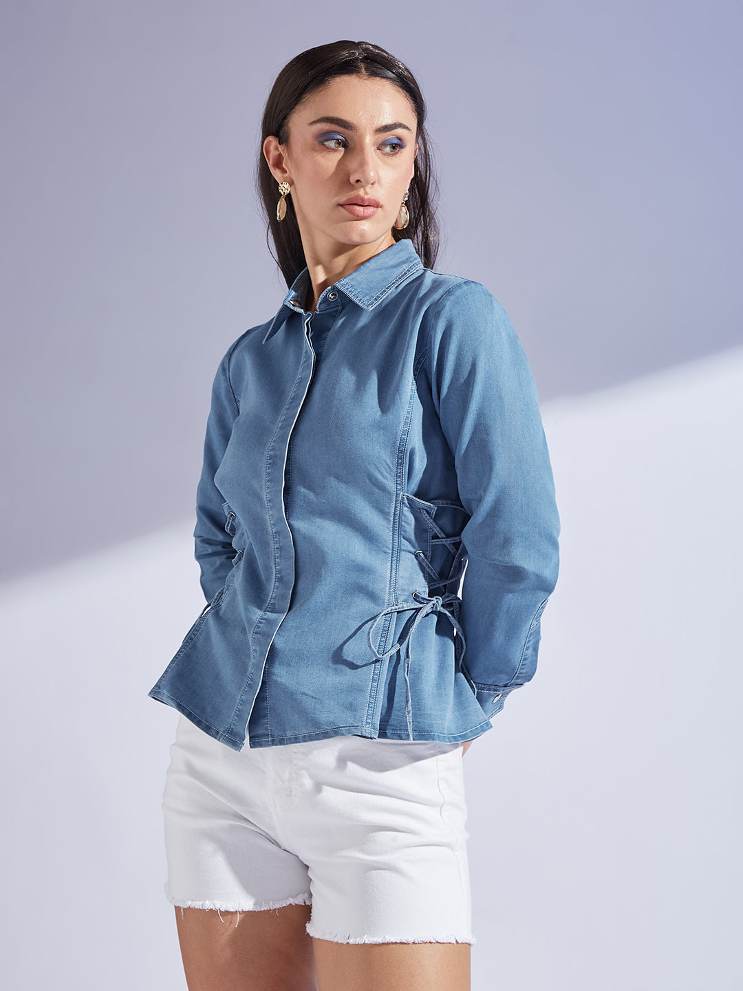 Women's Light Blue Shirt Collar Full-Sleeved Adjustable Tie Up Regular-Length Denim Shirt