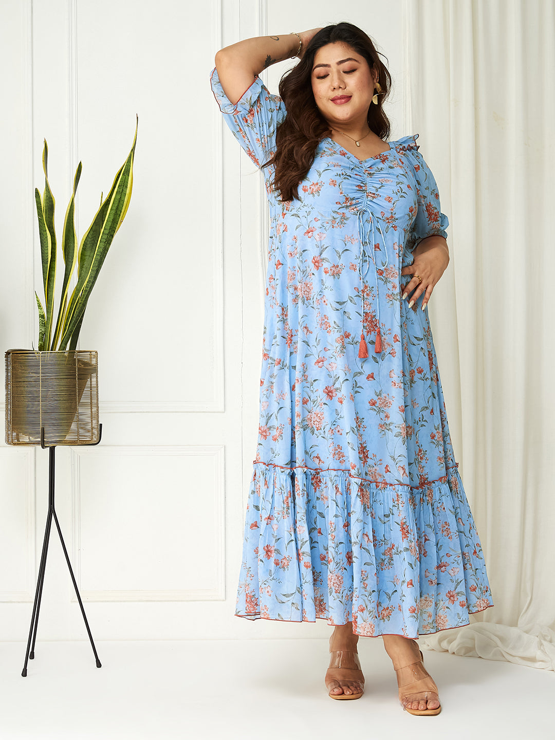 Women's Multicolored-Base-Powder Blue V-Neck Puff Sleeve Floral Ruching Ankle-Length Dress