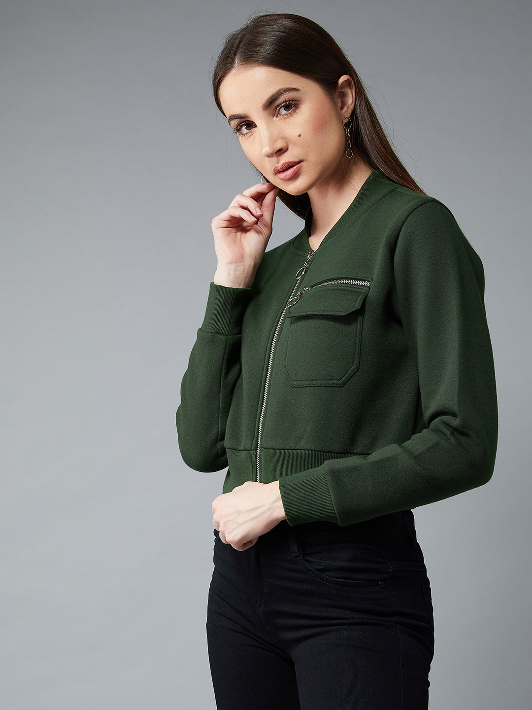 Women's Green Stand Collar Full Sleeves Cotton Boxy/Bomber Cropped Jacket