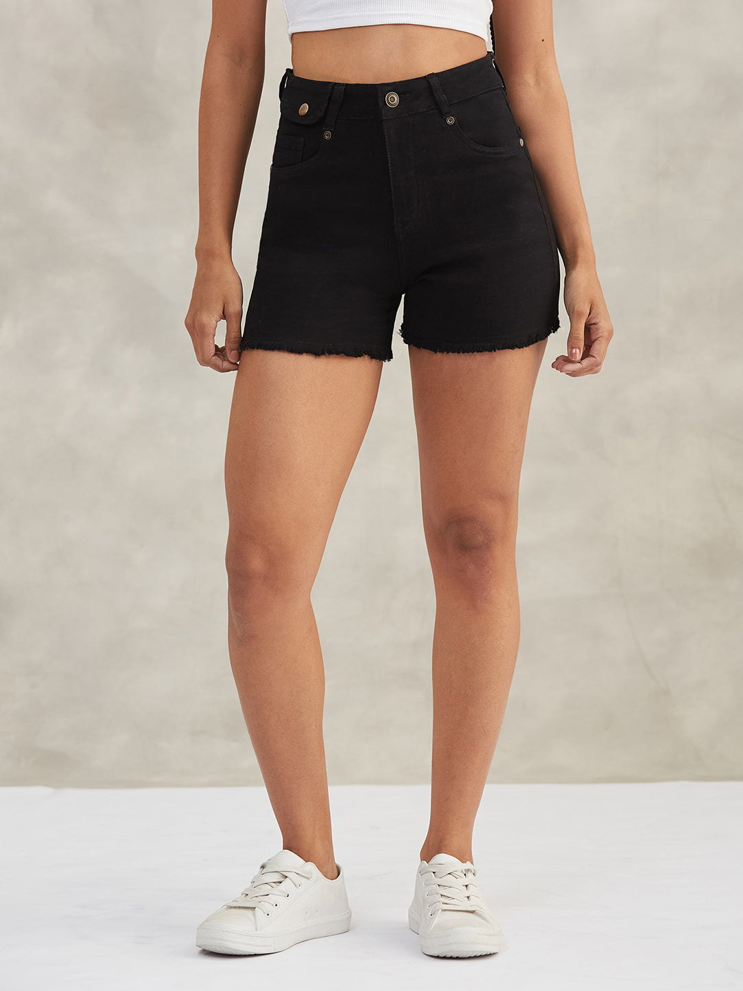 Women's Black Relaxed-Fit High-Rise Stretchable Denim Shorts