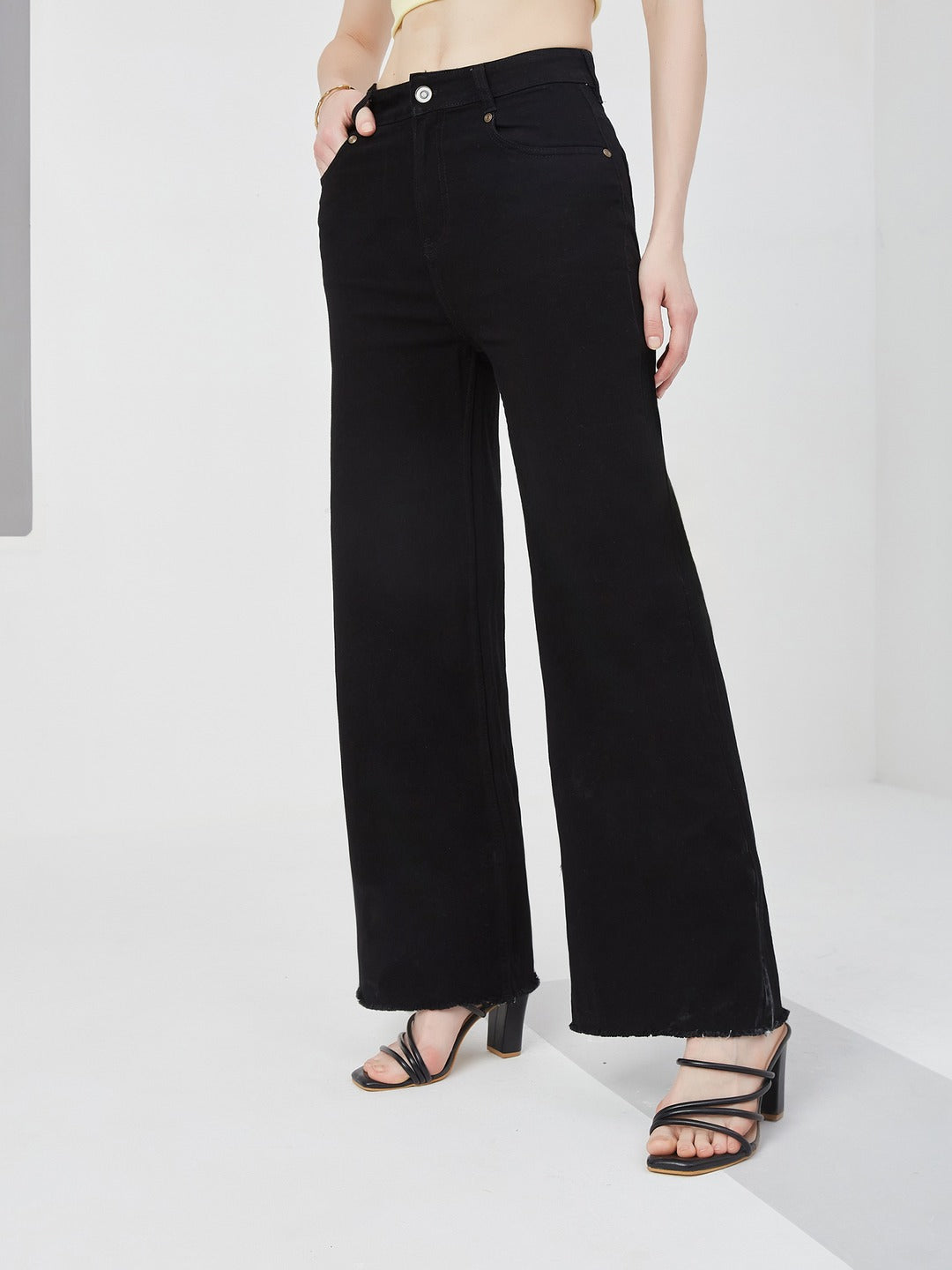 Black high-rise Stretchable Wide Leg Denim Jeans for Women