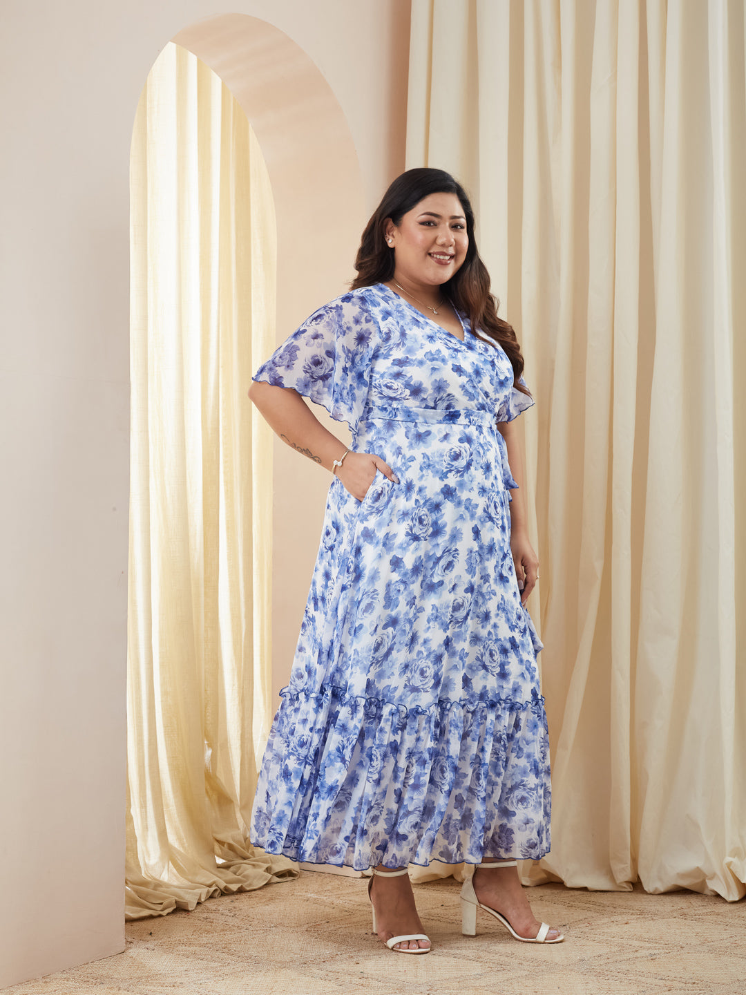 White & Blue Floral Wrap Chiffon Maxi Dress with White Base & Flutter Sleeves for Women