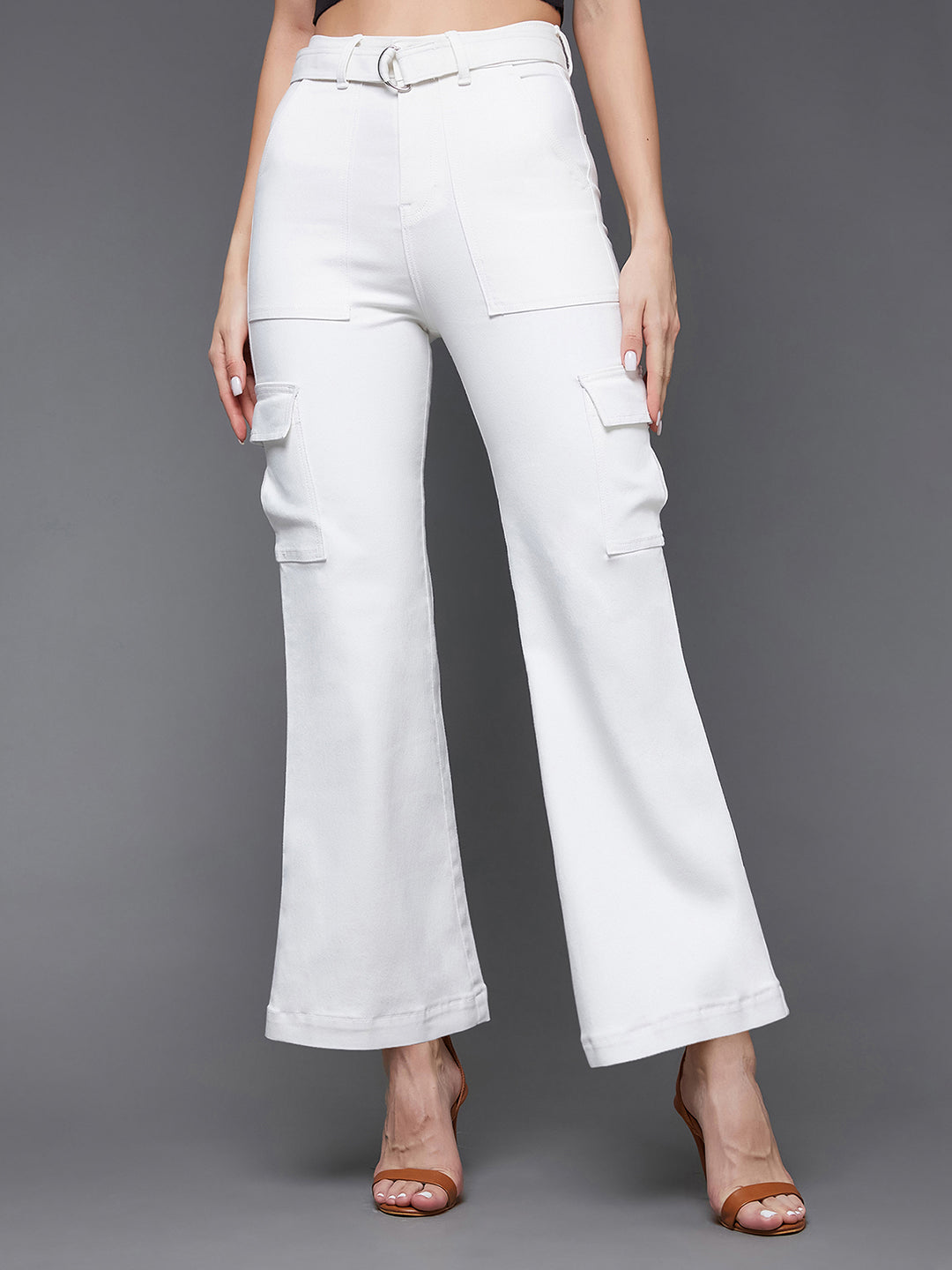 Women's White Wide Leg High Rise Clean Look Regular Stretchable Denim Jeans