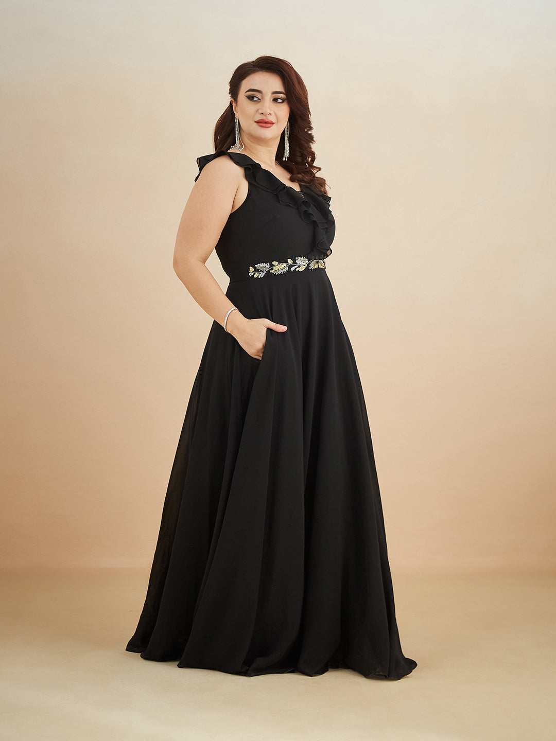 Black Sleeveless Embroidered Ruffled Georgette Maxi Dress for Women — Miss Chase A+