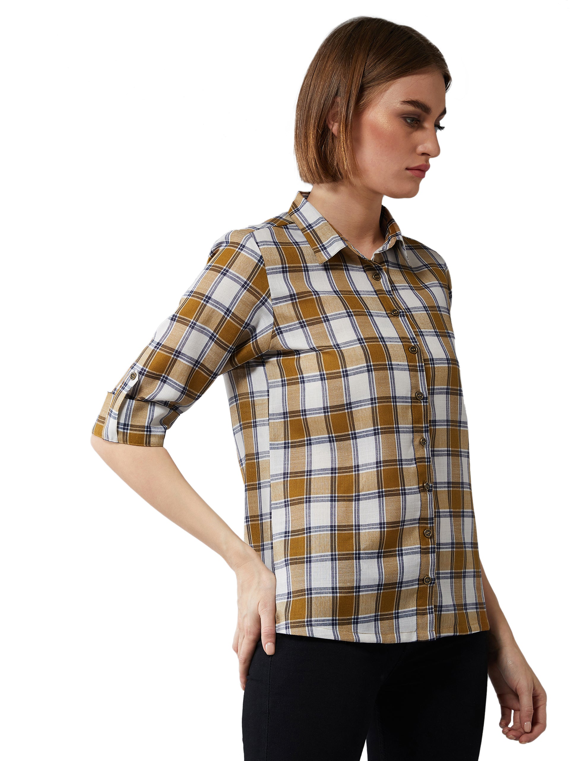 Women's Multicolor-Base White Collared Neck 3/4 Sleeves Checkered Basic Shirt
