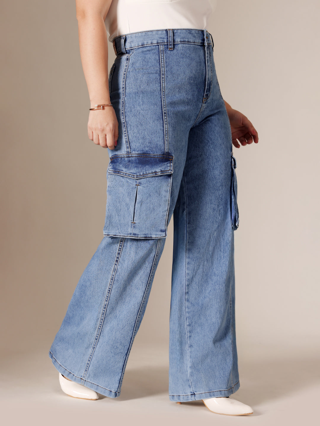 Blue Wide-Leg High-Rise Clean-Look Regular-Length Stretchable Patch-Pocketed Denim Jeans for Women