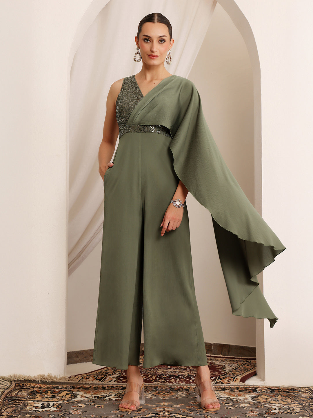Women's Embellished Satin Jumpsuit in Pale Olive with Draped Pleats