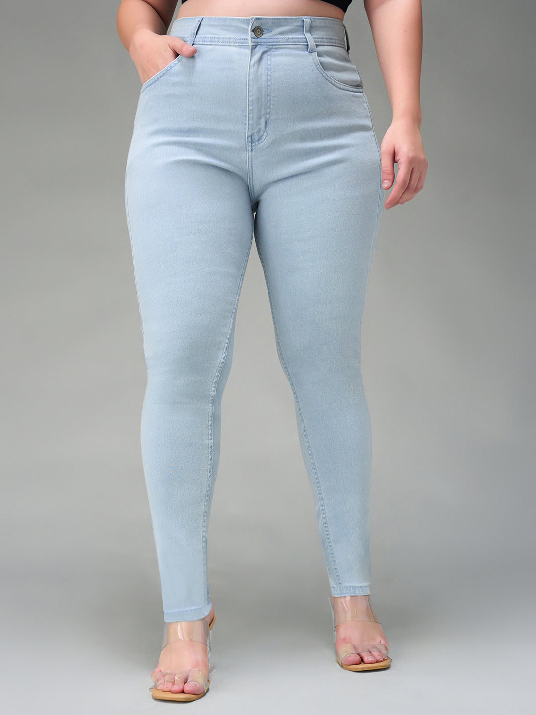 Women's Light Blue Skinny High Rise Distressed Regular Length Ice Wash Denim Jeans