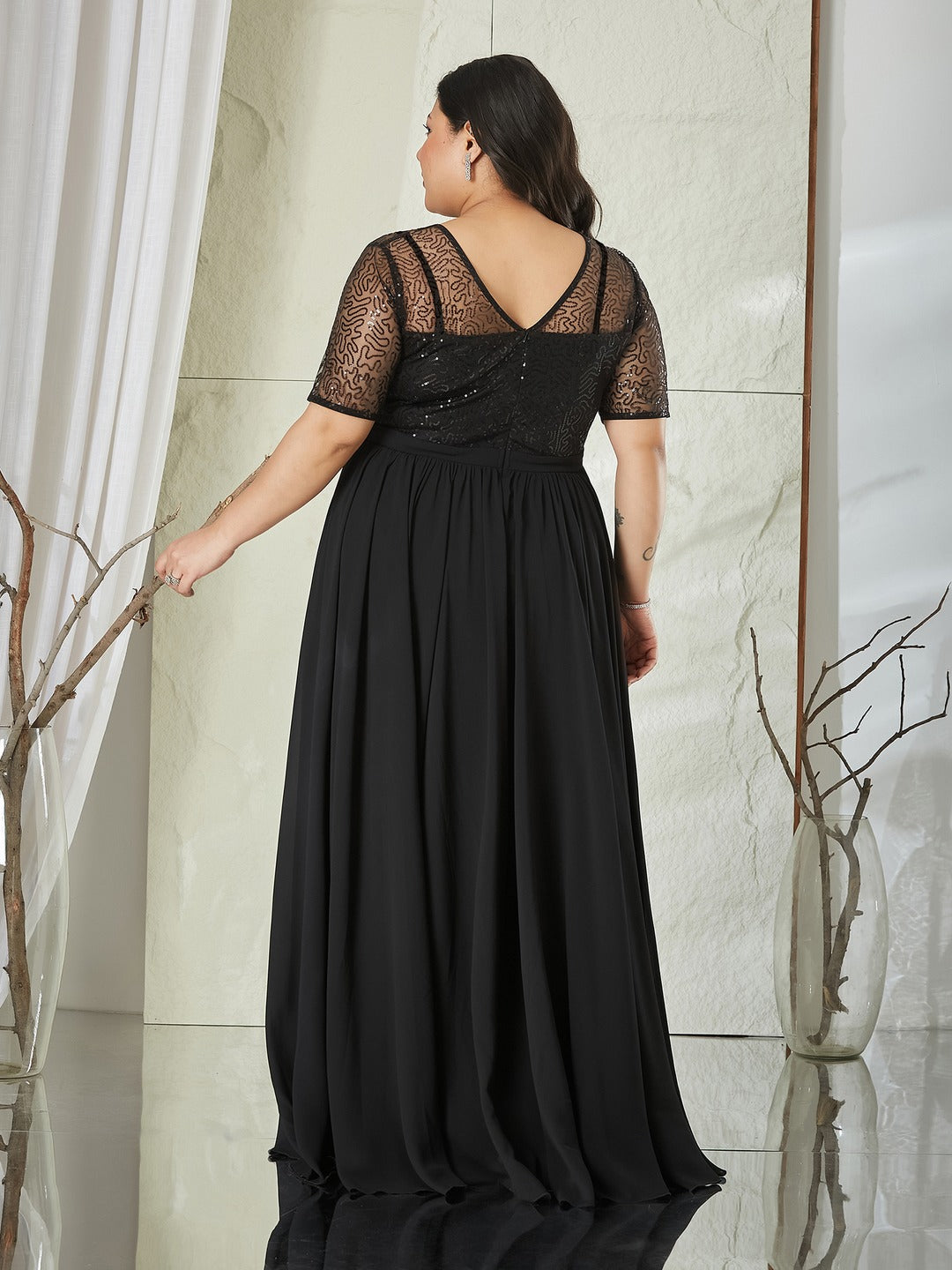 Black Relaxed Fit Maxi Georgette & Sequins Dress for Women