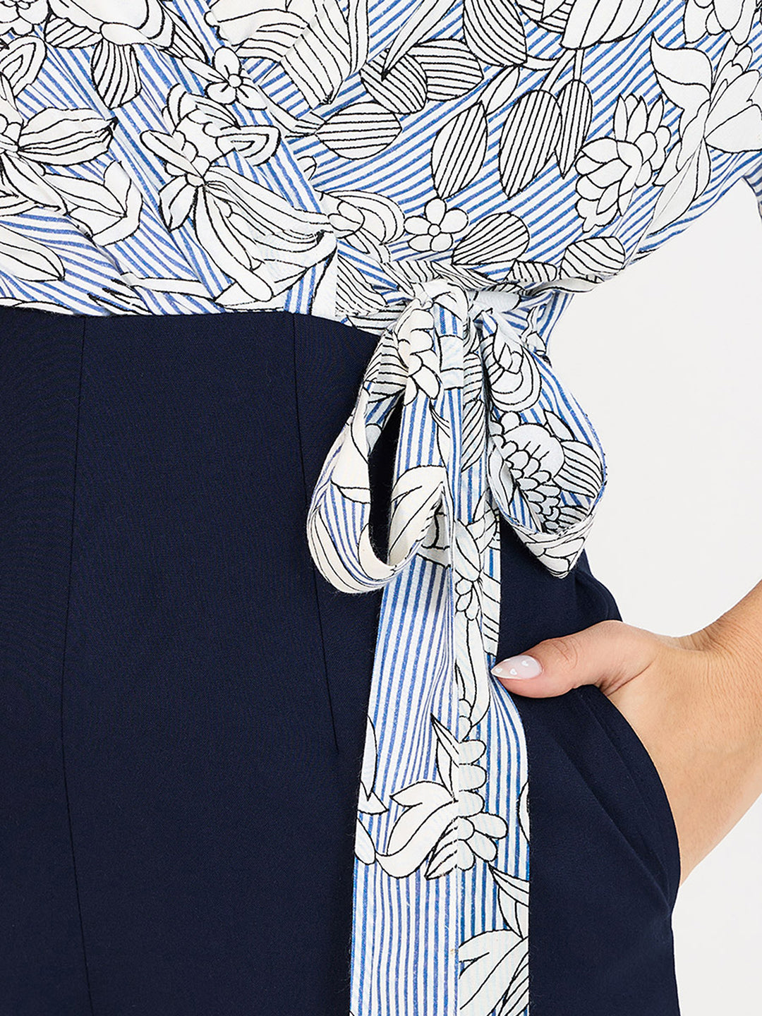 Women's Multicolored-Base-Navy Blue V-Neck 3/4 Sleeve Floral Wrap-Styled Viscose-Rayon Jumpsuit