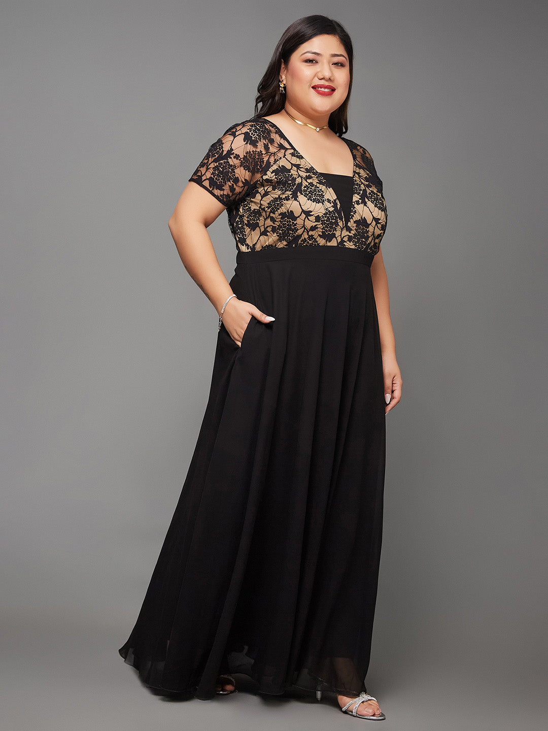 Women's Black Square Neck Raglan Short Sleeve Self Design Lace Overlaid Georgette Maxi Dress