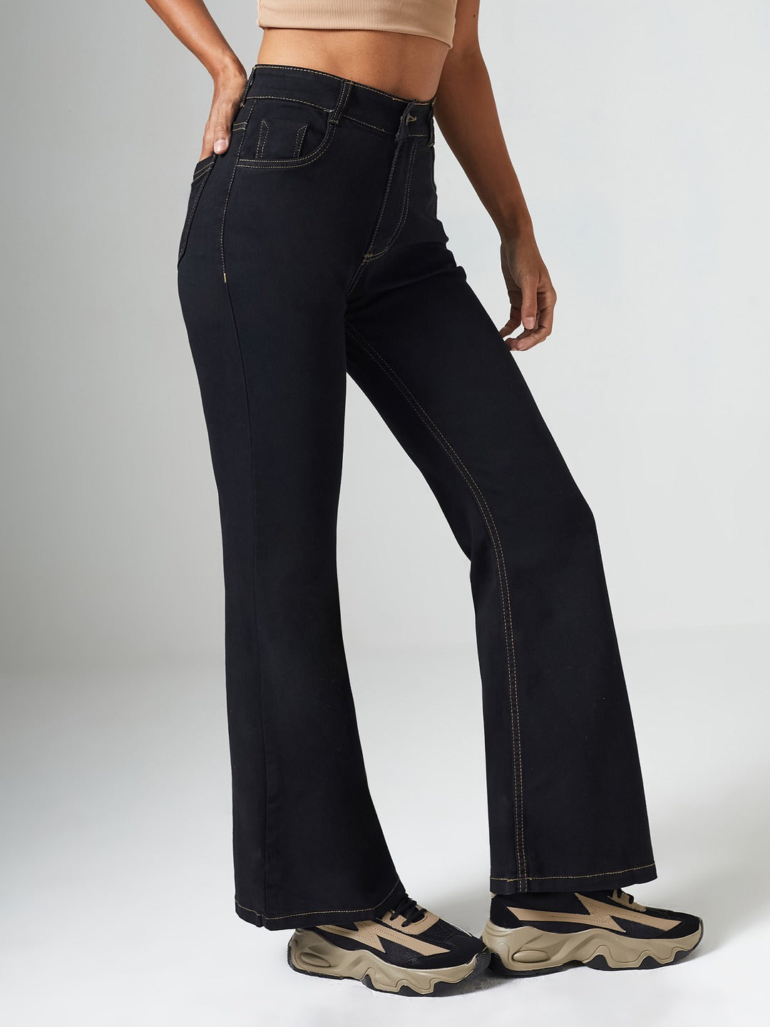 Black Bootcut High-Rise Clean-Look Regular-Length Stretchable Denim Jeans for Women