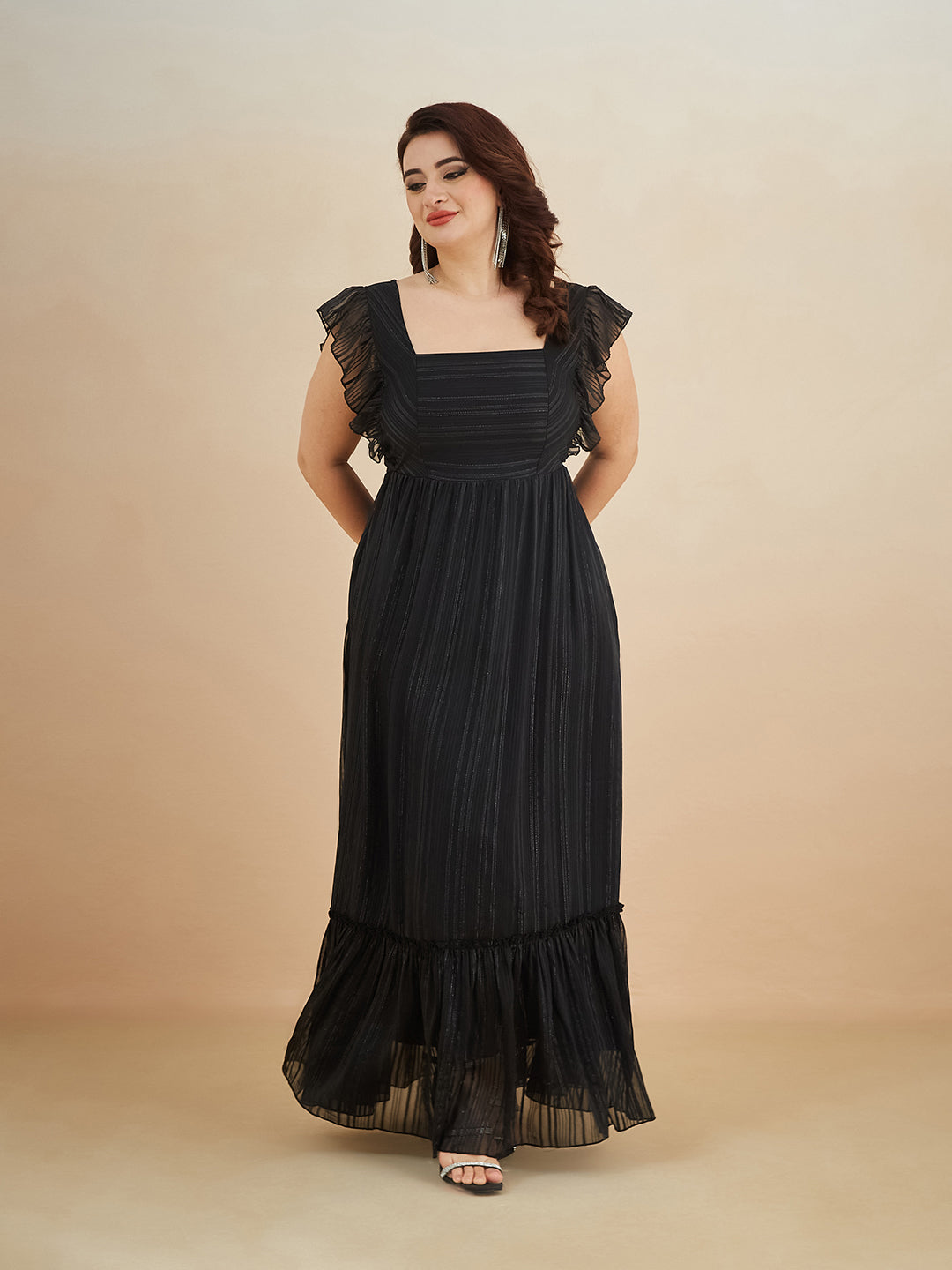 Black Square Neck Layered Ruffles Sleeve Striped Tiered Maxi Georgette Dress for Women