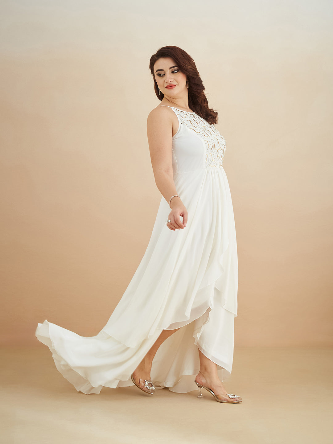 Off White Round Neck Sleeveless Solid Embellished Maxi Dress for Women