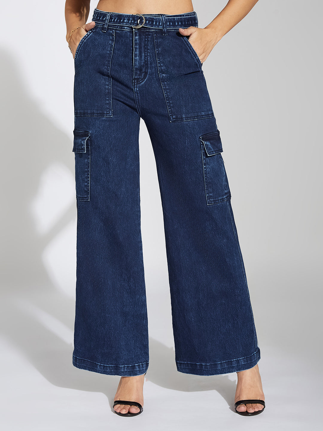 Women's Blue Wide-Leg High-Rise Clean-Look Stretchable Cargo Denim Jeans