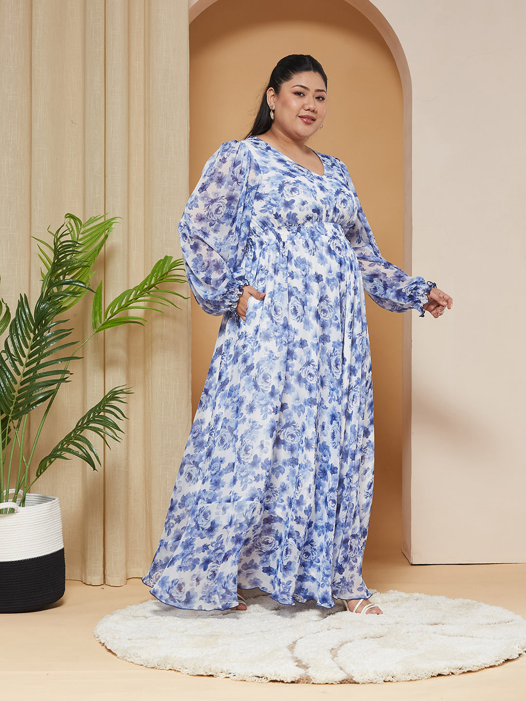 Multicolored-Base-White V-Neck Full-Sleeves Floral Gathered Chiffon Maxi Dress for Women
