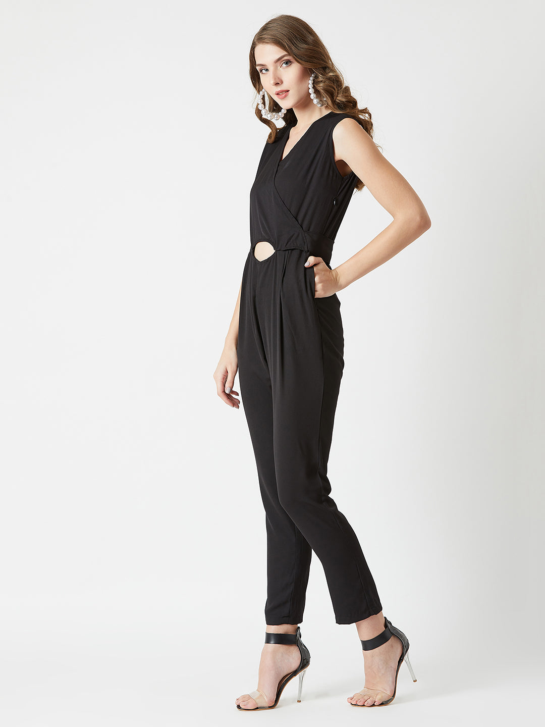 Women's Black V-Neck Sleeveless Solid Belted Cut-out Tie-Up Wrap Jumpsuit