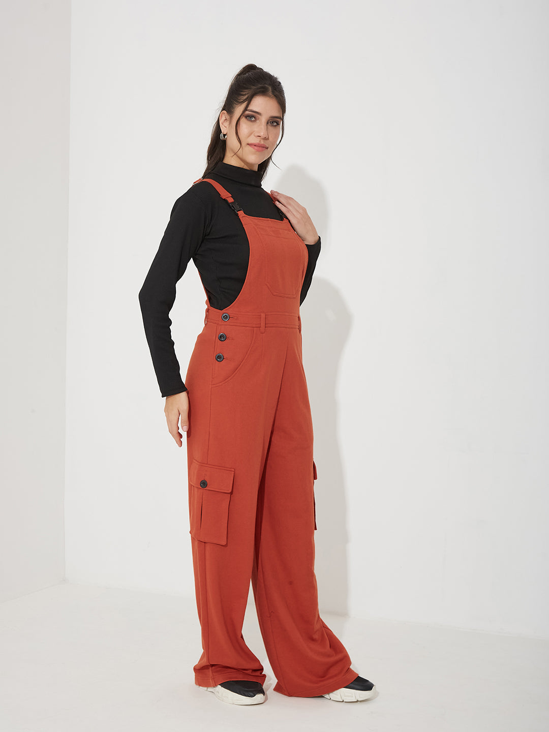 Rust Square Neck Sleeveless Solid Wide-Leg Full Length Cotton Dungaree for Women — Miss Chase