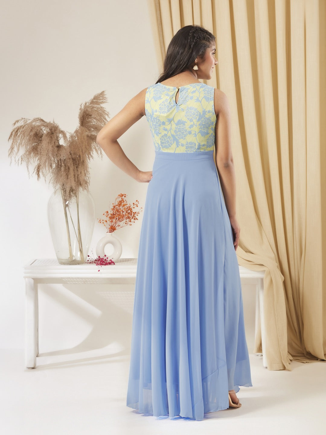 Sky Blue Round Neck Sleeveless Georgette & Lace Floral Fit & Flare Maxi Dress for Girls/Teenagers