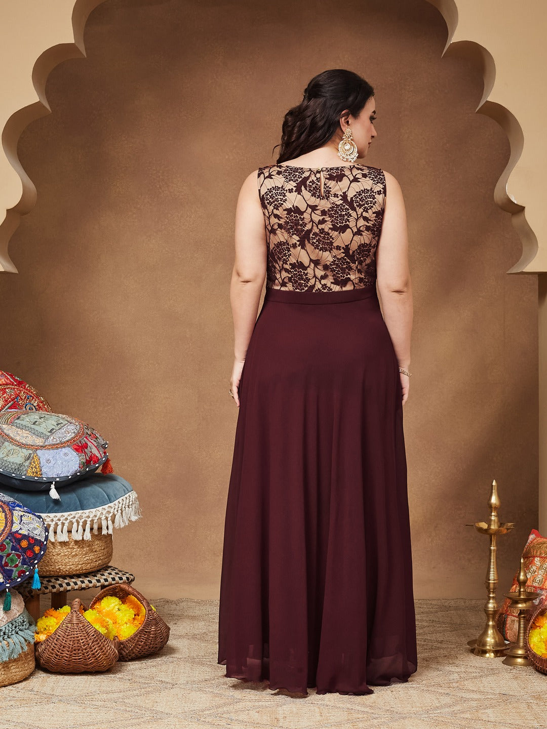 Beige & Wine Round Neck Sleeveless Georgette Floral Lace Fit & Flare Maxi Dress for Women — Miss Chase A+