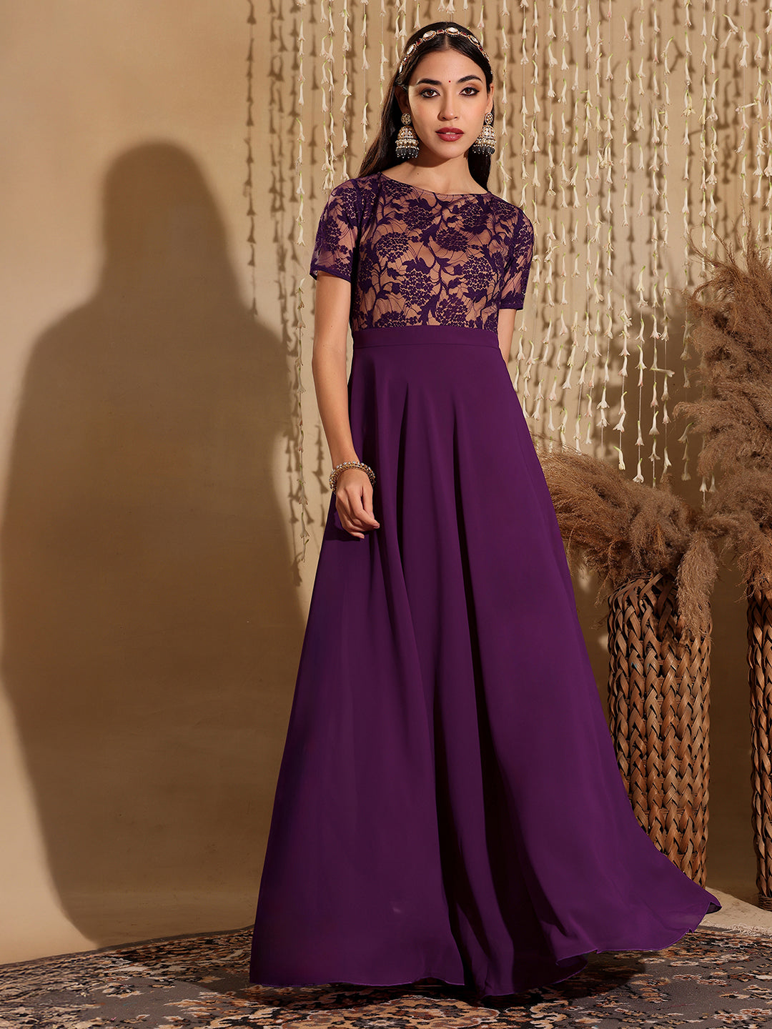 Women's Dark Purple Round Neck Half Sleeve Self Design Fit & Flare Georgette Maxi Dress
