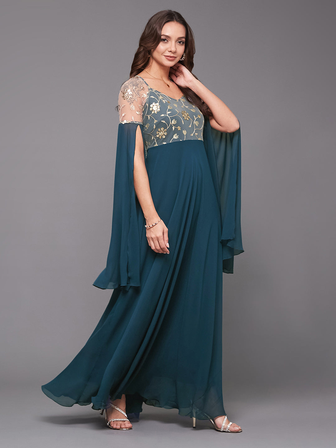 Women's Teal V-Neck Full Sleeve Embroidered Fit & Flare Georgette Maxi Dress