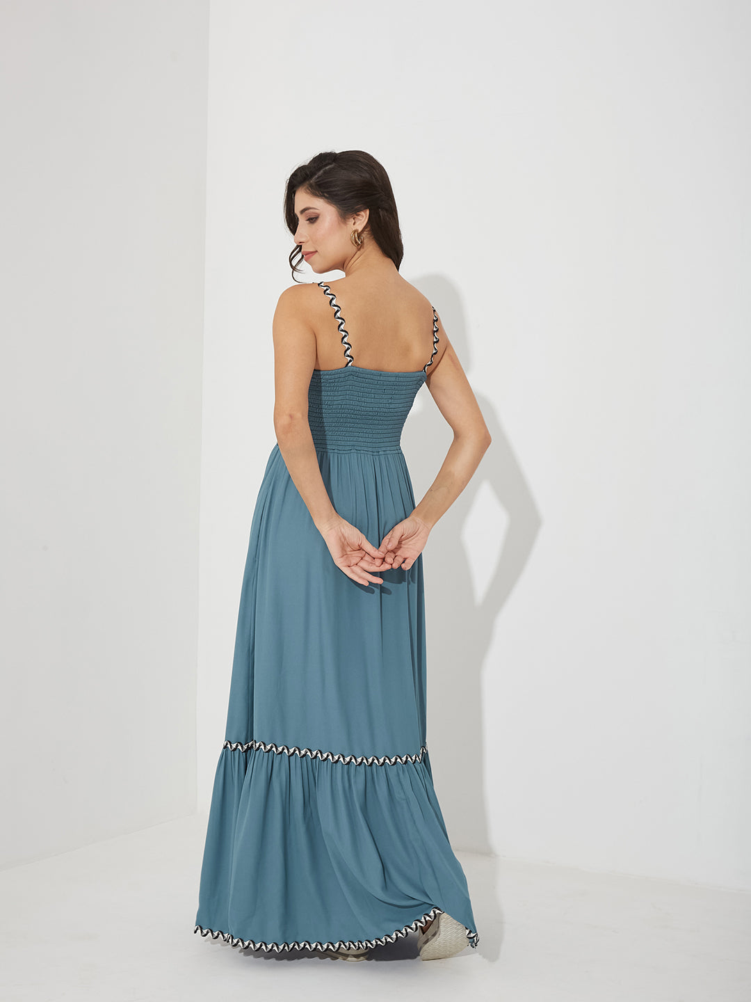 Blue Square Neck Sleeveless Solid Tiered Maxi Crepe Dress for Women — Miss Chase