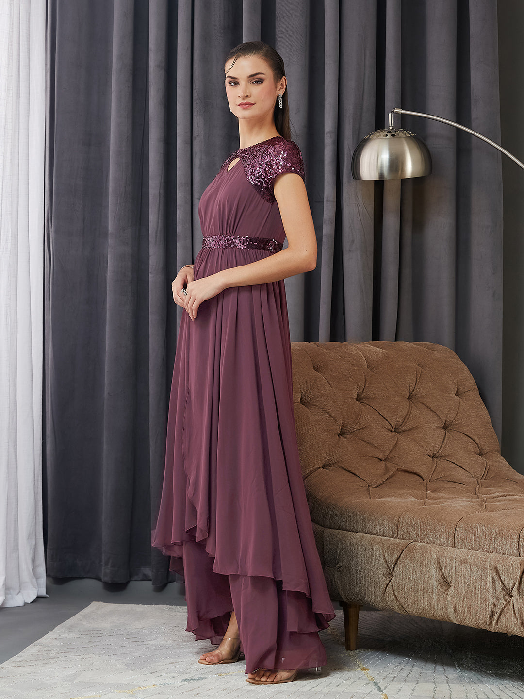 Women's Mauve Keyhole Short Sleeve Embellished Layered georgette Maxi Dress