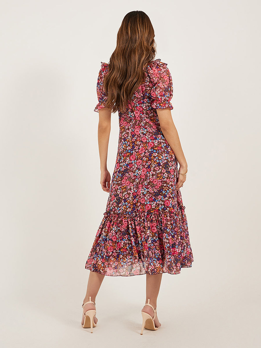 Women's Multicolored-Base-Wine V-Neck Puff Sleeve Floral Ruching Ankle-Length Dress
