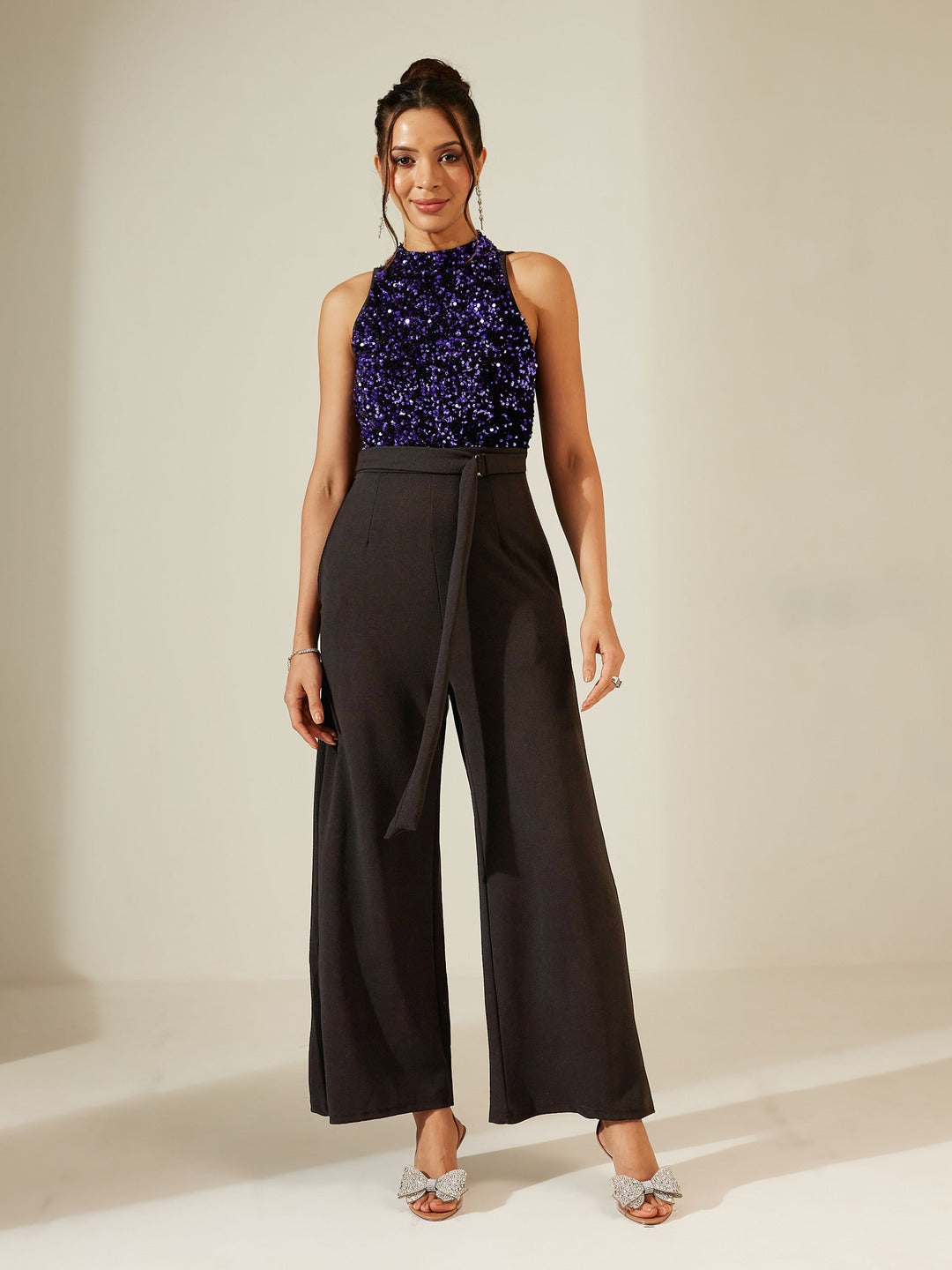 Black And Blue Halter Neck Sleeveless Embellished Jumpsuit for Women