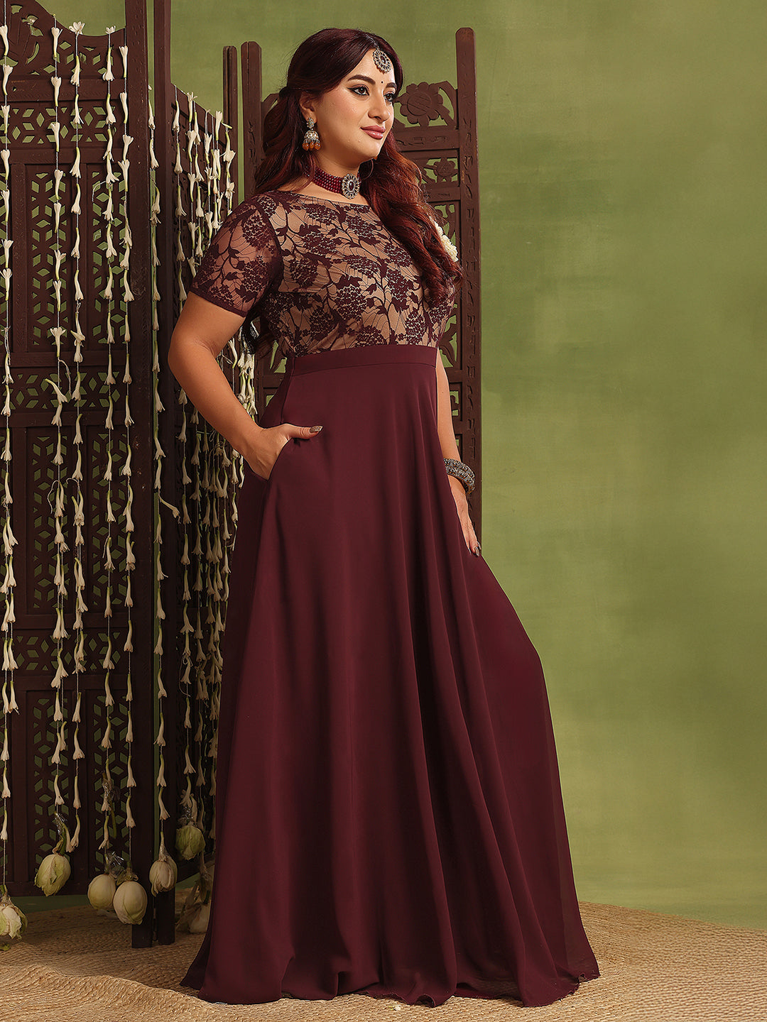 Women's Wine & Beige Relaxed-Fit Georgette Dress