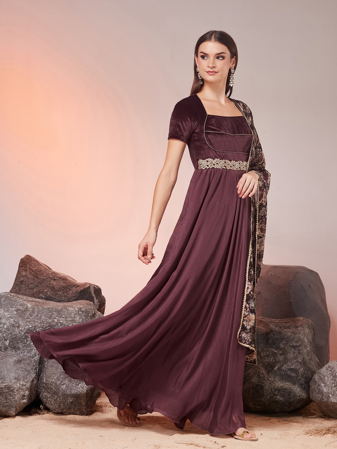 Dark Mauve Sweetheart Neck Half Sleeve Solid Fit & Flare Maxi Chiffon Ethnic Dress for Women